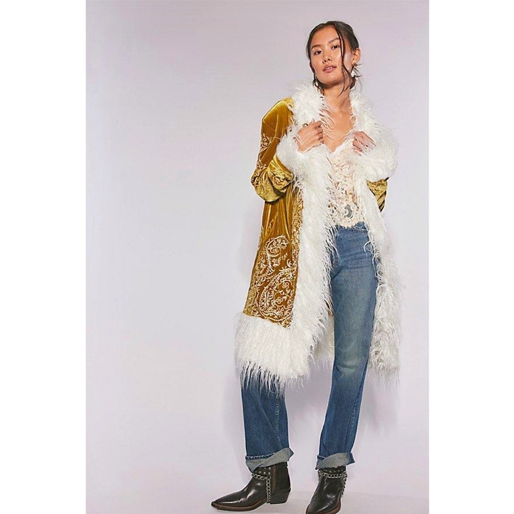 Free People Moon Glow Velvet Embroidered Penny Lane Fur Coat - Picture 5 of 12